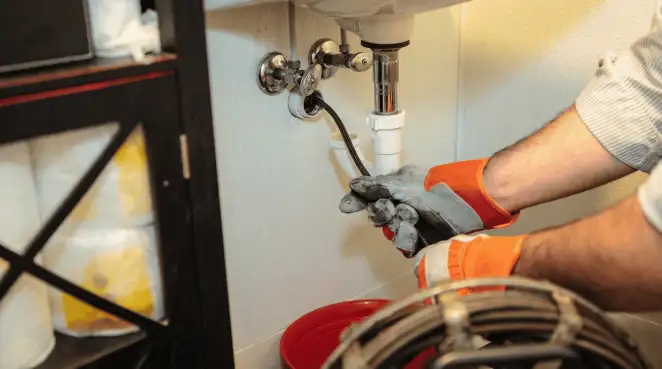 Drain cleaning technician using a motorized plumbing snake to clear a clogged sink pipe in Ann Arbor, MI