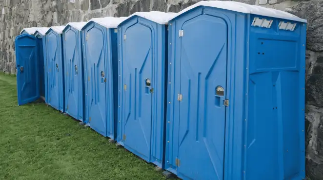 Row of blue portable toilets lined up on grass against a stone wall for event sanitation in Ann Arbor, MI